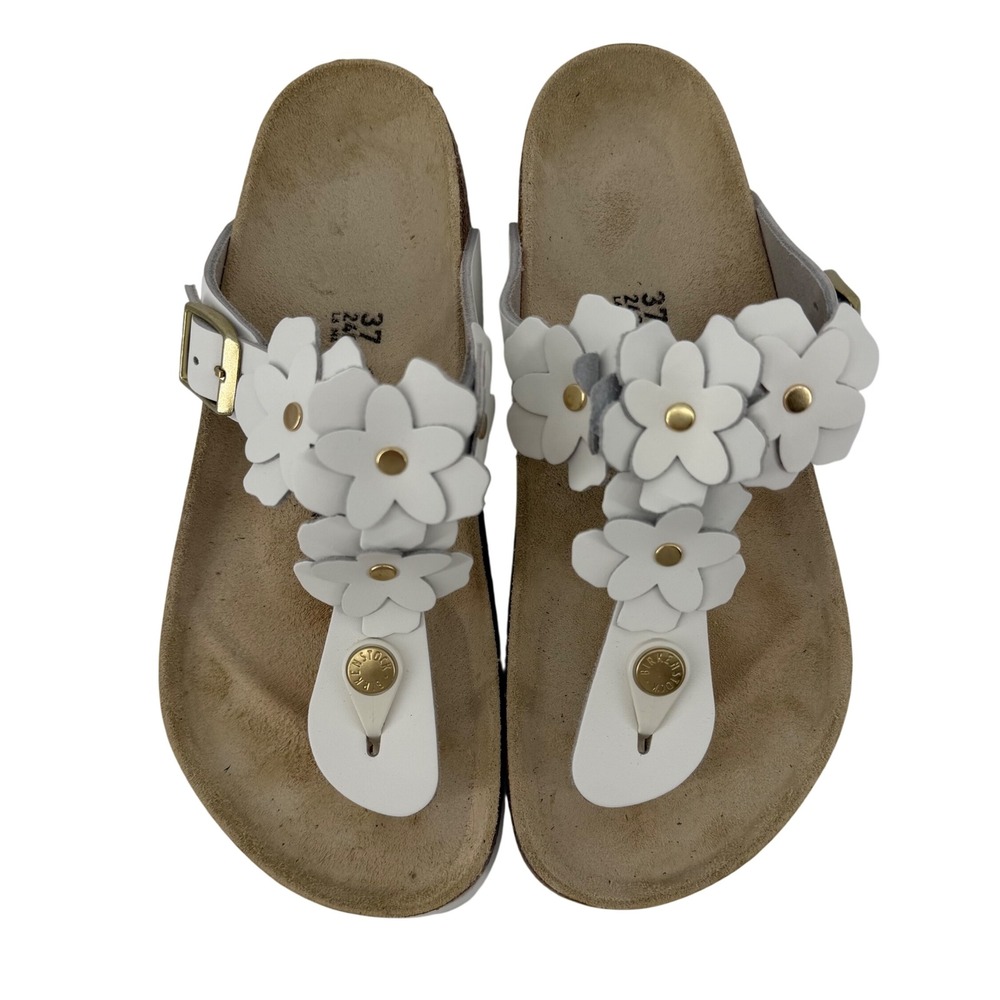 Birkenstock Gizeh Flower Embellishment White Leather Sandals Women 37 US 6